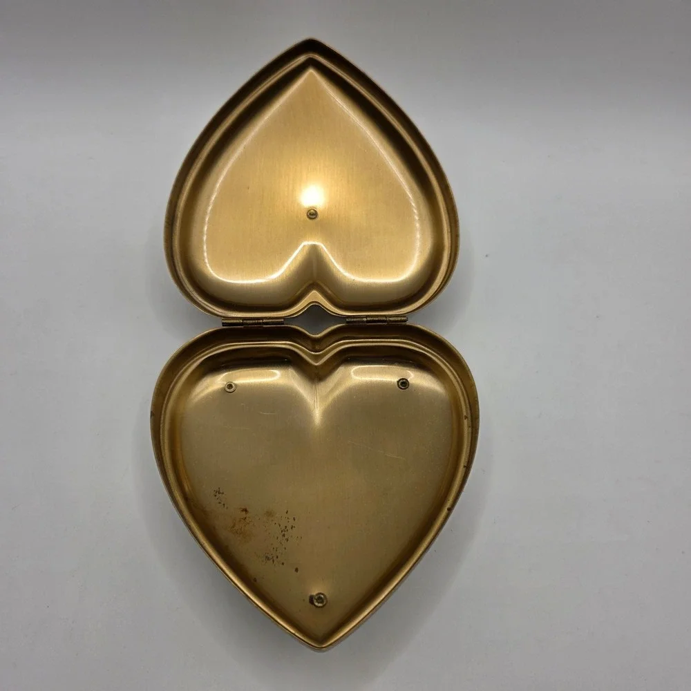 Vintage‎ Gold Heart Jewelry Box Rhinestone Crown Finial Hinged Trinket Case